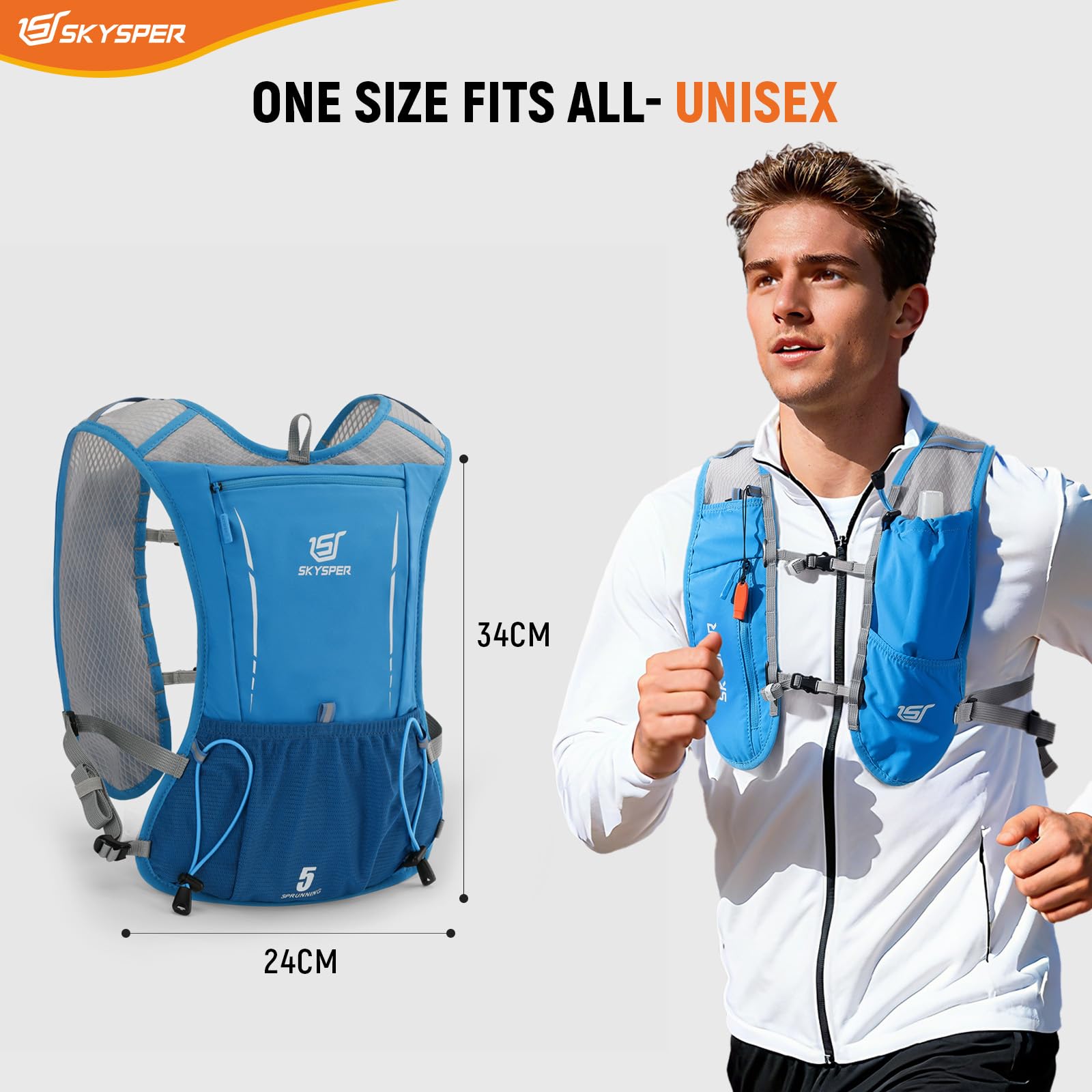 SKYSPER Zaino Idratazione 5L, Gilet Zaino Trail Running con Borraccia Morbida 500ml per Corsa Ciclismo Jogging Escursione