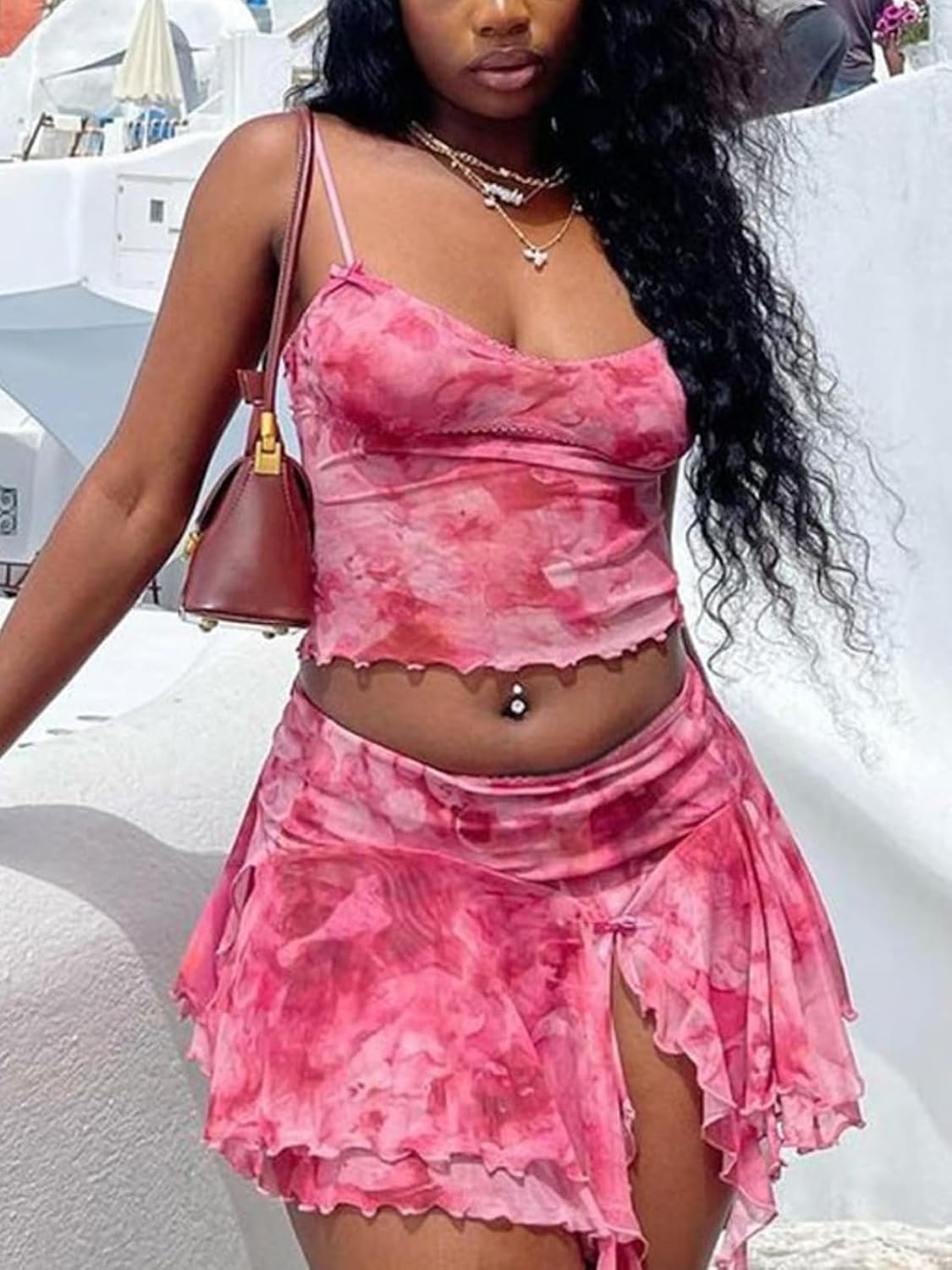 Ophestin Womens Sexy 2 Piece Club Outfits Set Floral Print Camisole Crop Top Mini Skirt with Slit - Image 3