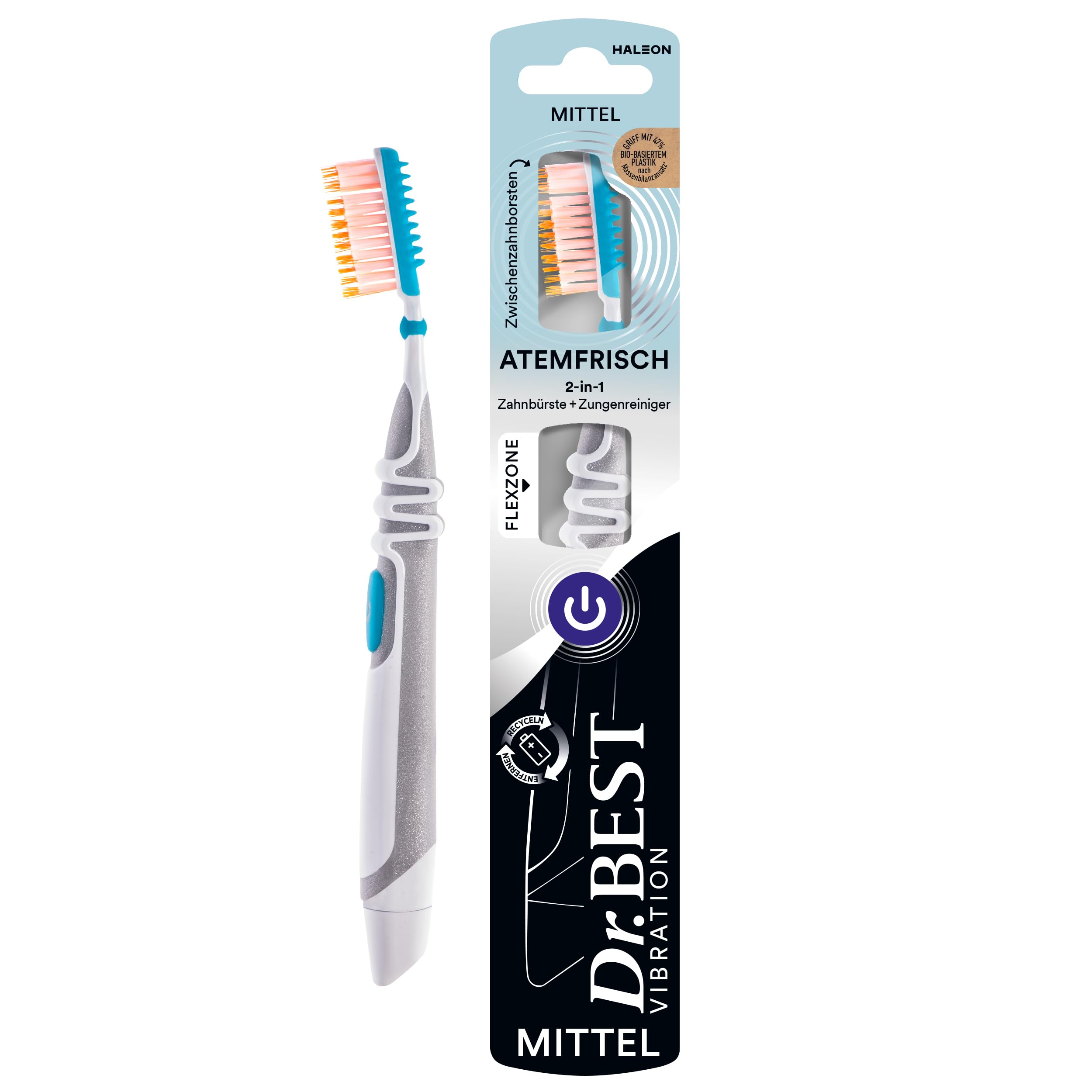 Dr.BEST Vibration Atemfrisch Zahnbürste, Mittel (1 Stück), für bis zu 50% bessere Erreichbarkeit zwischen den Zähnen*
