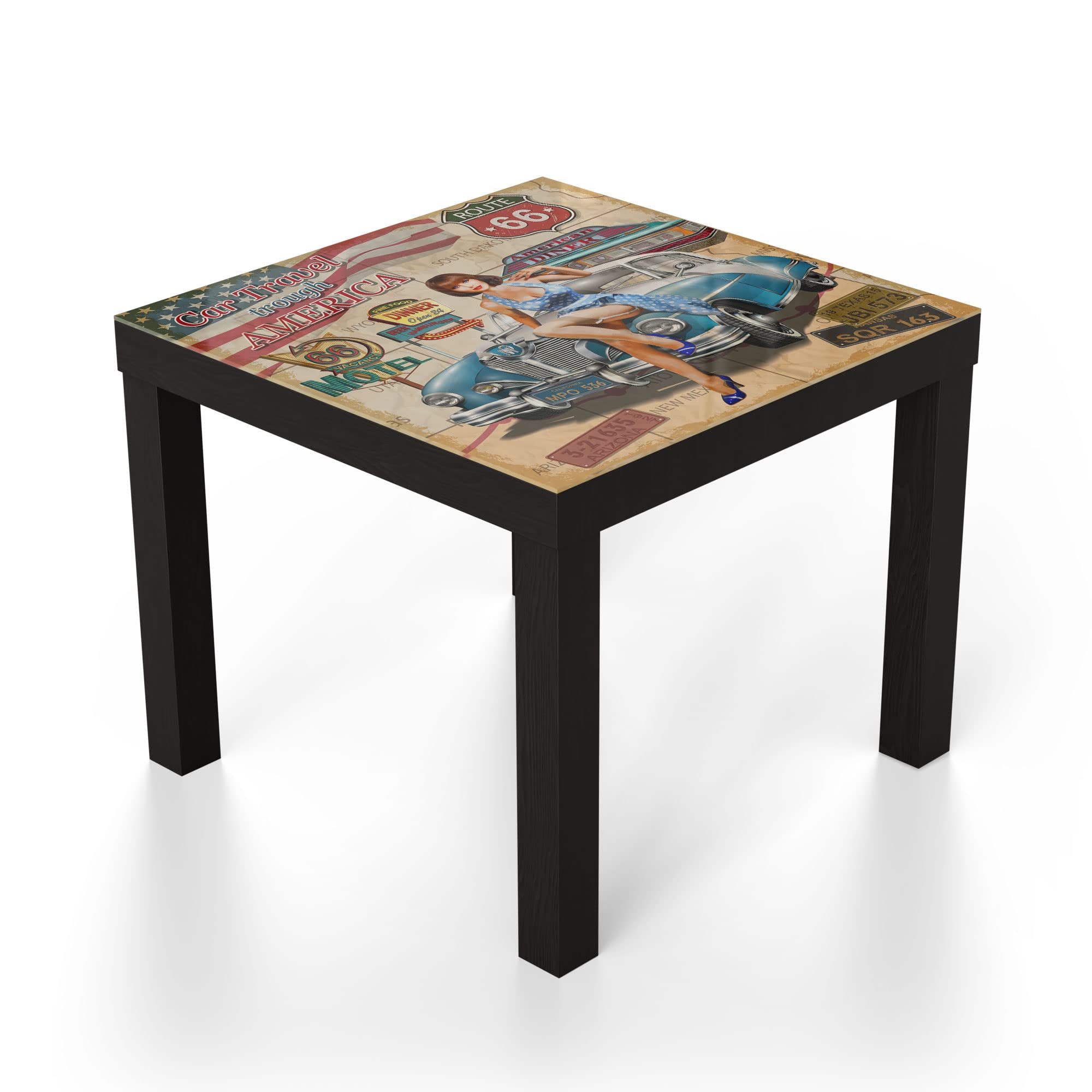 DEQORI Mesa de cristal | negro pequeña 55 x 55 cm | diseño de cartel de la ruta 66 | elegante mesa auxiliar de cristal | mesa de centro brillante para el salón | moderna mesa de sofá con diseño