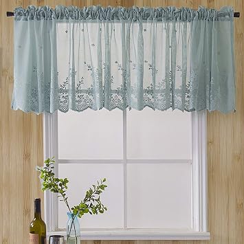 vctops Lace Sheer Kitchen Cafe Curtain Valance Floral Embroidered Rod Pocket Short Curtain for Small Window 1 Piece 51" x 16", Blue