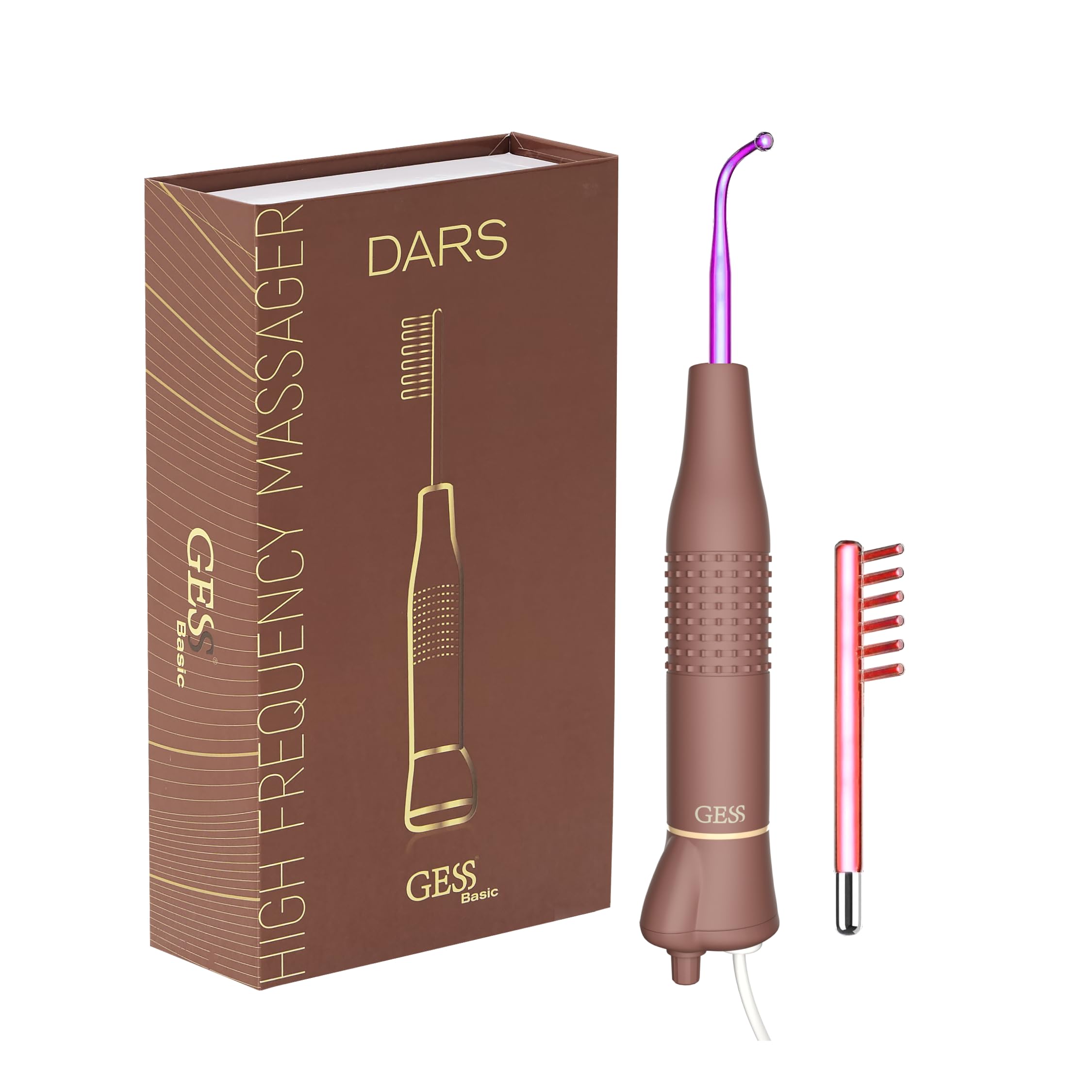 GESS Dars - Aparato de masaje de alta frecuencia con gas argón y neón, 2 electrodos faciales y cabello, barra de alta frecuencia para el tratamiento del acné, antienvejecimiento