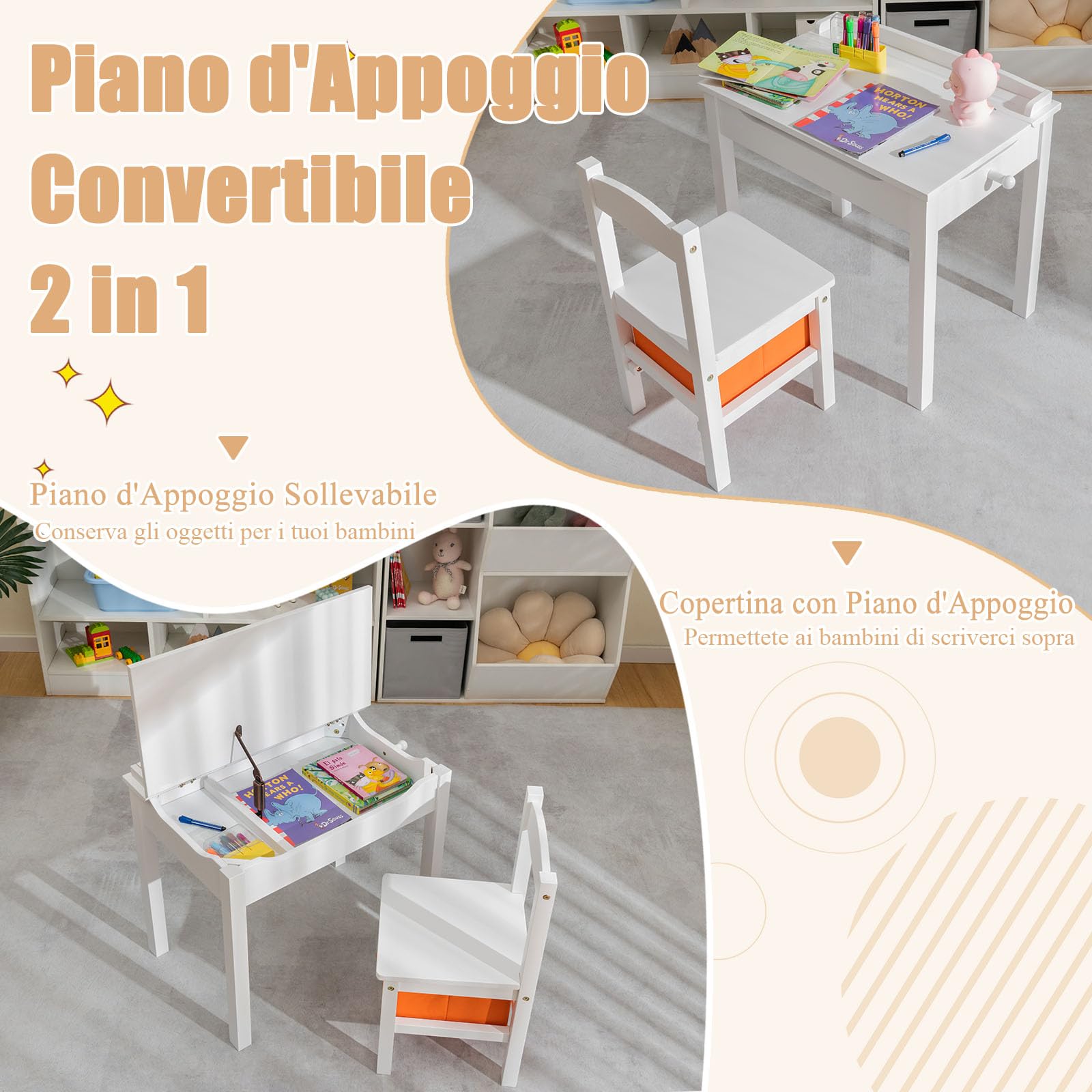 RELAX4LIFE Scrivania per Bambini in Legno con Sedia, Coperchio Apribile Contenitore, Cerniera, Gancio per Zaino e Scatola per Età 3+ Anni (Bianco)