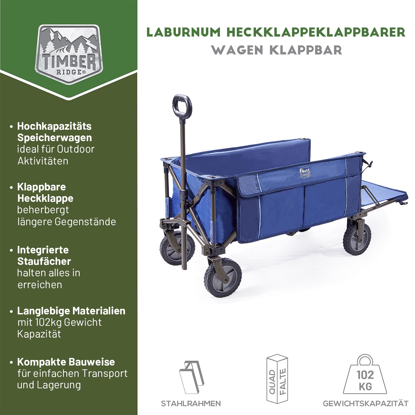 TIMBER RIDGE Heckklappe Faltbarer Klappwagen, Push-Pull-Strandwagen Faltbar, Seitentaschen, Camping, Garten, Einkaufen, 102kg Tragkraft, Blau