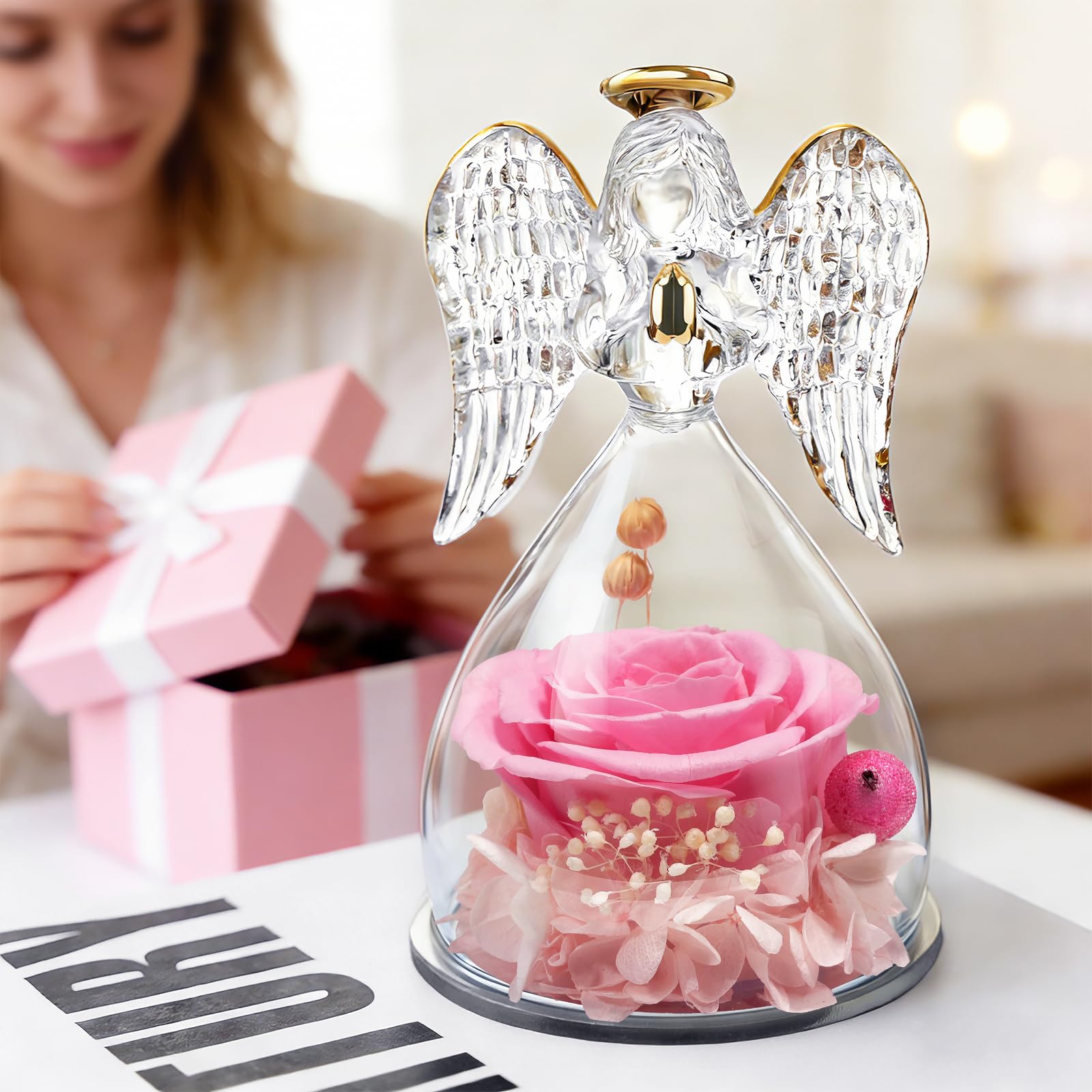 Yamonic Rosa Eterna Regalo Originale para Mujer,Rosa Preservada con Figura Ángel Regalos para Mamá,Regalos Cumpleaños Mujer Abuela,Flore Eterna Regalo Navidad San Valentin Dia de la Madre