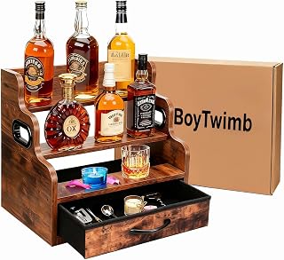 3-Tier Liquor Bottle Display Shelf with Drawers- Holds 12 Bottles & 36 K-Cups, Countertop Wine Rack, Coffee Syrup Rack, for Mini Bar, Whiskey, Spice Rack