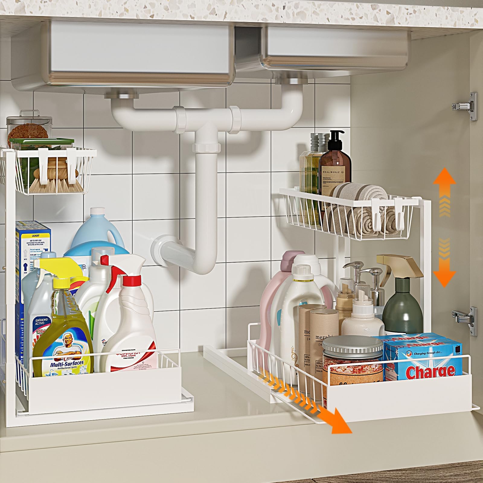 REALINNUnder Sink Organizer, Height Adjustable Pull Out Cabinet Organizer, 2 Tier Under Sink Organizers and Storage for Kitchen Bathroom Laundry, White, 2 Pack