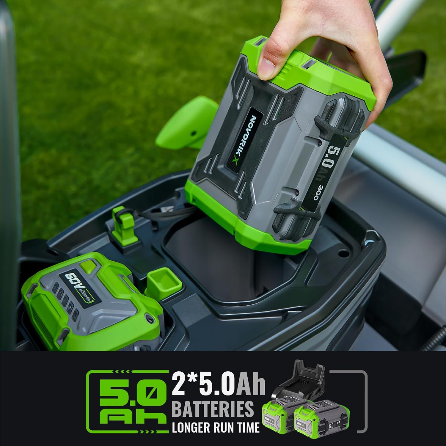 Hand inserting a 5.0Ah battery into the NovorikX 60V lawn mower