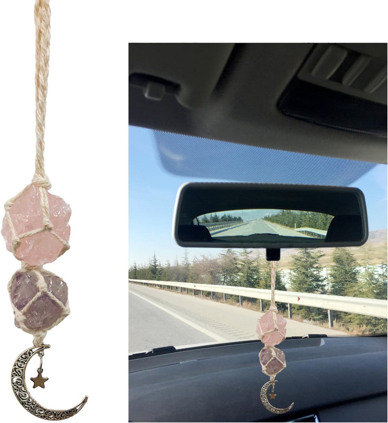 ZicinerZiciner Hanging Car Charms, Tourmaline & Calcite Car Ornament, Crystal Rear View Mirror Interior Accessories, Handmade Moon Decoration, Valentine's Day Gifts (White & Purple-Rose Quartz)