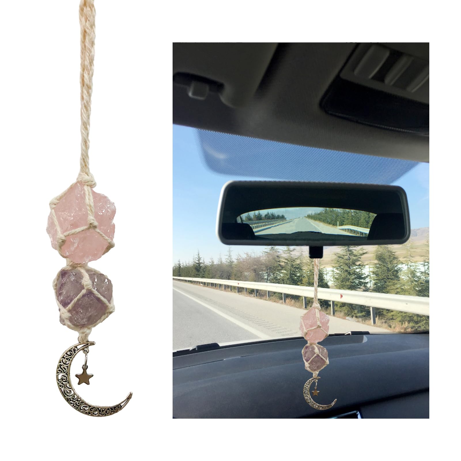 ZicinerZiciner Hanging Car Charms, Tourmaline & Calcite Car Ornament, Crystal Rear View Mirror Interior Accessories, Handmade Moon Decoration, Valentine's Day Gifts (White & Purple-Rose Quartz)