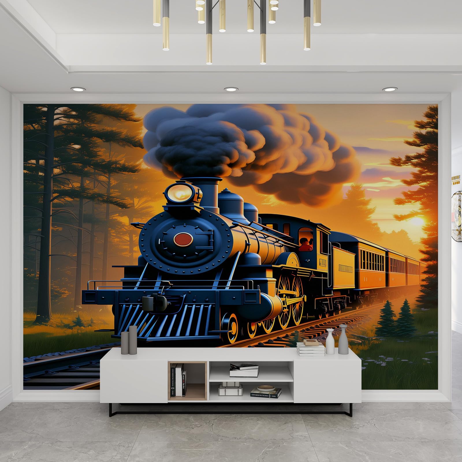 Train à vapeur rétro sur papier peint panoramique pour décorer une chambre d'enfant vintage