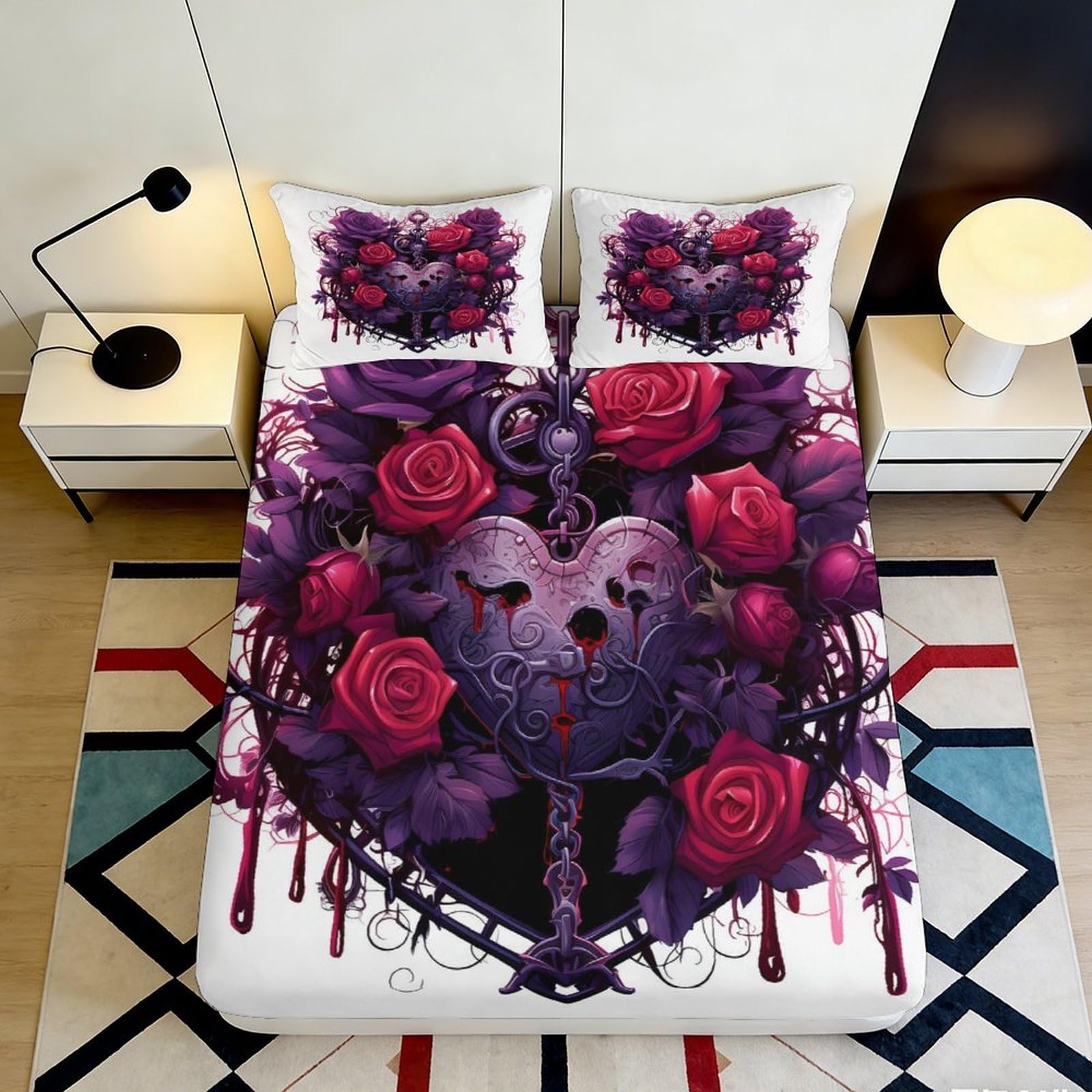 3D Printed Gothic Heart Rose Fitted Sheet Microfiber Non-slip Bed Cover Purple Red Bedding for Bedroom Guestroom 90x200x25cm