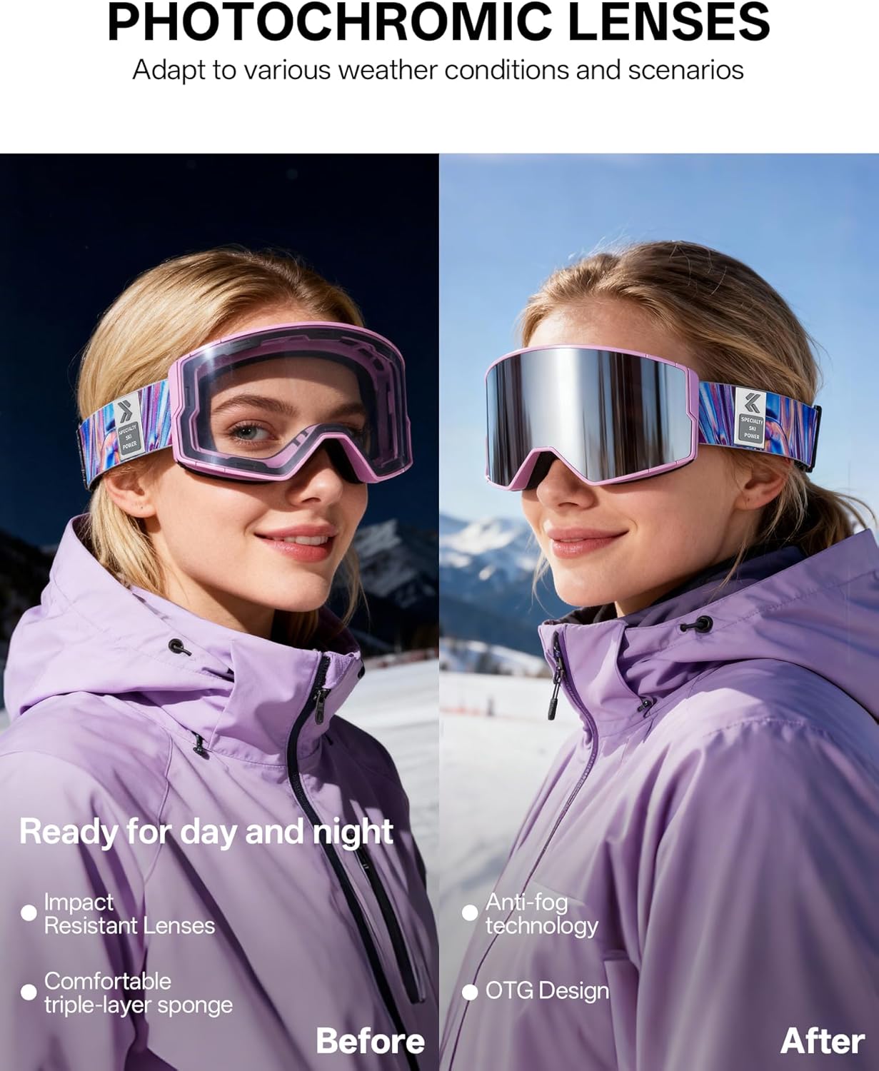 KAPVOE Ski Goggles Photochromic & Color Anti-fog UV400 Protection OTG Snowboard goggles Suitable for Men Women K722