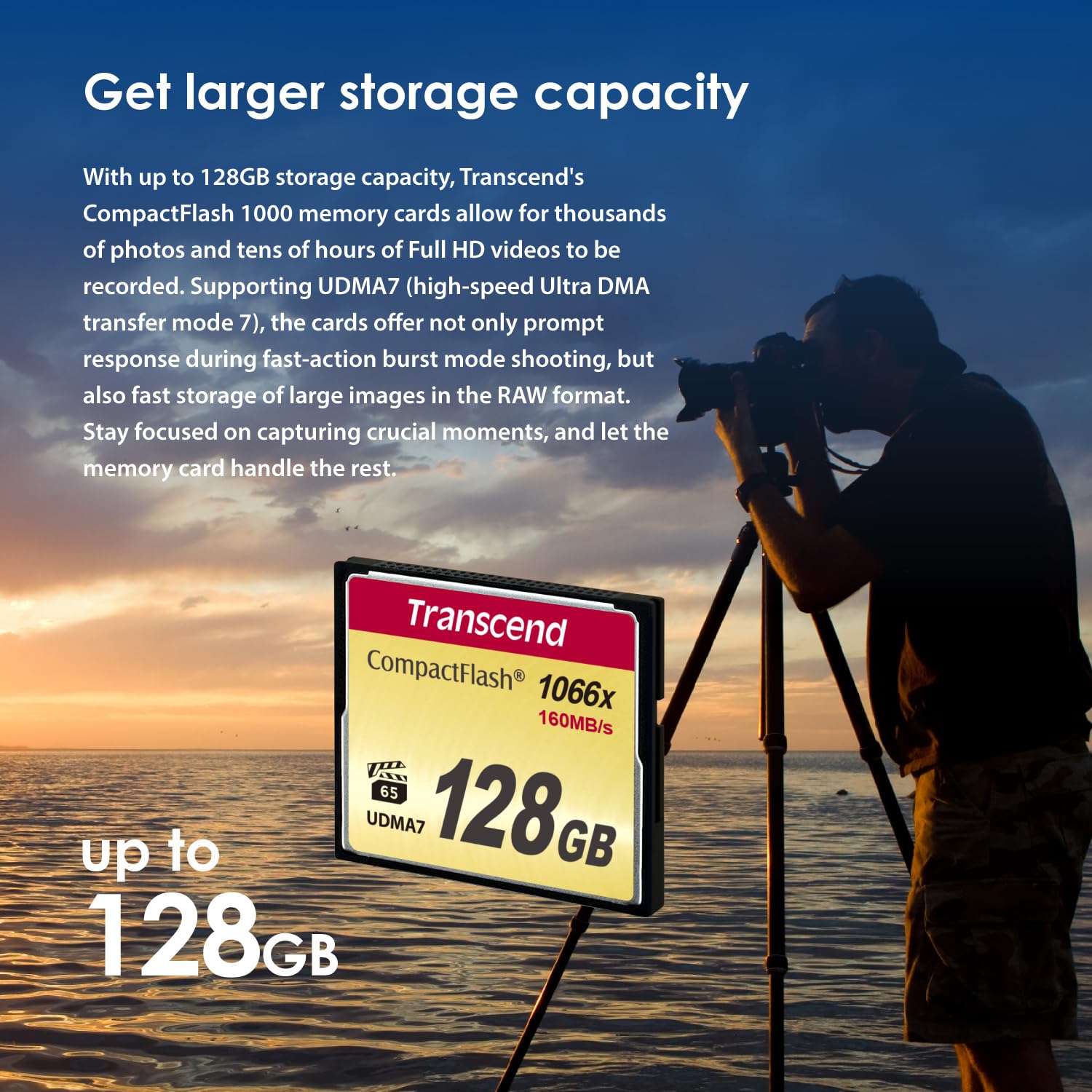 Transcend CF1000 CompactFlash 1000 Carte mémoire 16GB, jusqu'à 160/120 MB/s, modèle pour vidéo Full HD ultra haute résolution, 3D et 4K UHDTV - TS16GCF1000