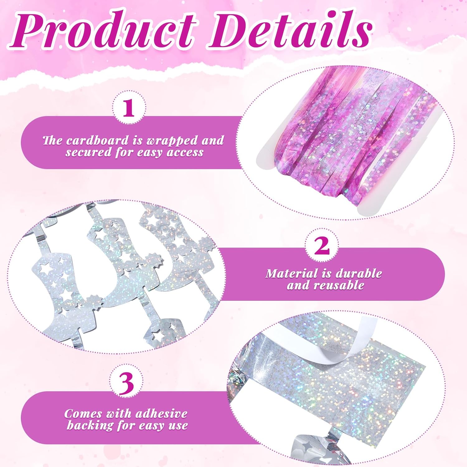 4 Pcs Cowgirl Party Decorations 2 Cowgirl Boot Metallic Tinsel Foil Fringe Curtains 2 Backdrop Curtain for Photo Birthday Bachelorette Wedding Disco Party Booth Decorations(Laser Pink) - Image 3