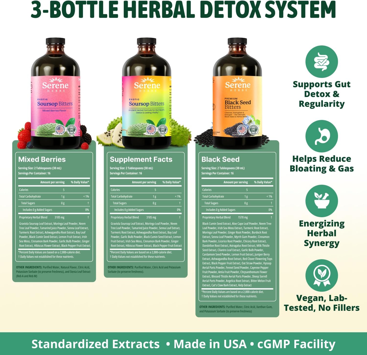 Serene Herbs Soursop Bitters Liquid, Mixed Berries & Black Seed Triple Bundle – Organic Herbal Guanabana for Digestive Support & Immune Health – Vegan, Non-GMO – 48 oz (16 oz Each), 3 Pack