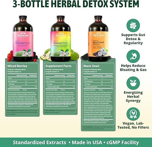Miniatura 2 de Serene Herbs Líquido amargo de guanábana, bayas mixtas y semillas negras paquete triple  Guanabana de hierbas orgánicas para apoyo digestivo y salud