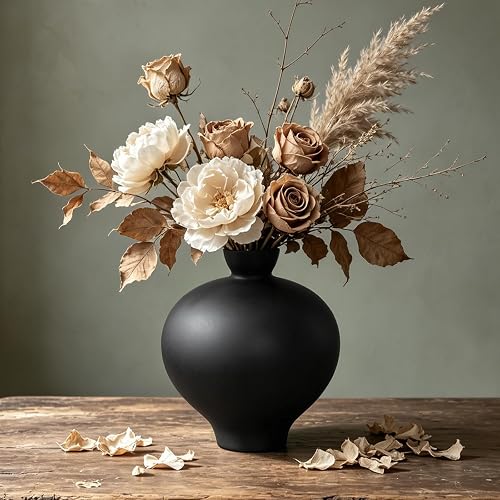 Matte Black Ceramic Vase, 9'' Modern Sculptural Round Flower Vase, Minimalist Bud Vase for Nordic Home Decor, Decorative Watertight Black Vase for Centerpiece Living Room Mantel Table Shelf