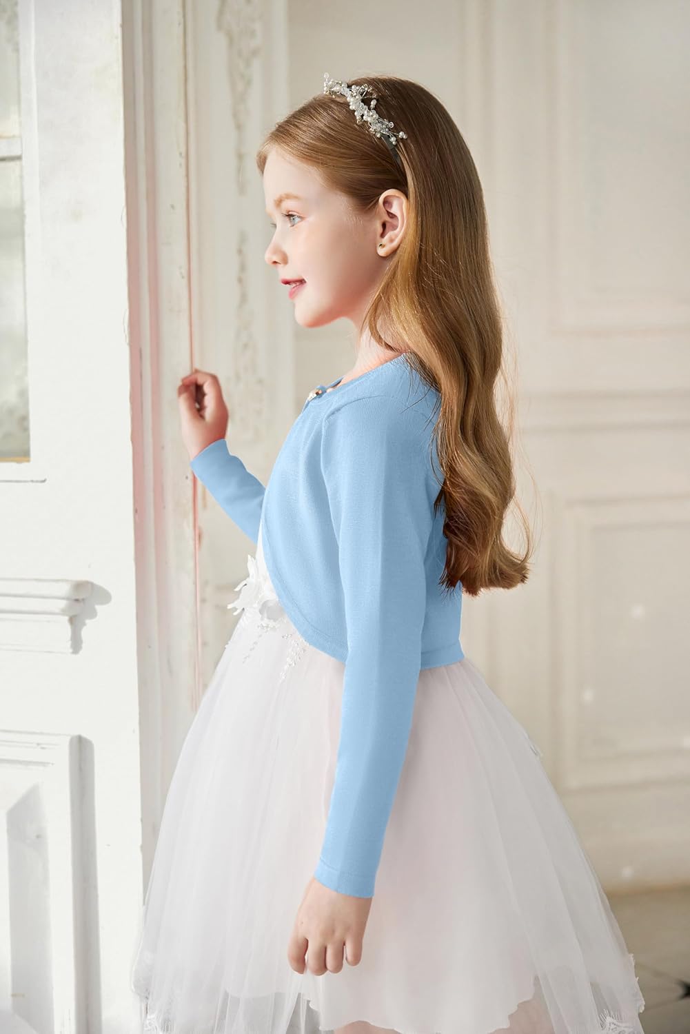 Arshiner Girls Open Front Shrug Cardigan Kids Children Knit Long Sleeve Bolero with Button Closure - Image 3