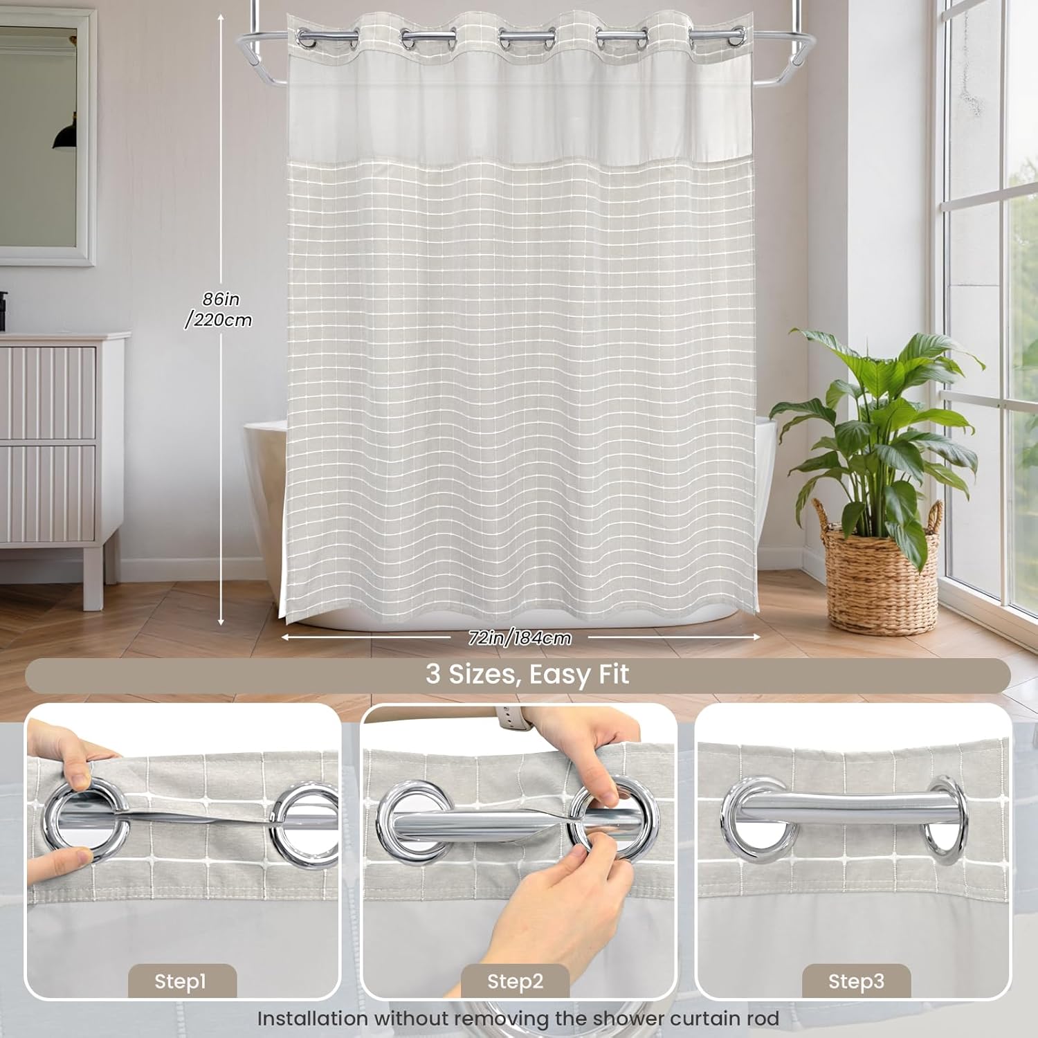 Calm Horizon Series No Hook Shower Curtain, Jacquard with Snap-In Liner, 4 Magnets & Side Suction Cups, Water-Repellent Bath Curtain Spa Hotel with Window (Khaki, 72"W x 86"L(Pack of 1))