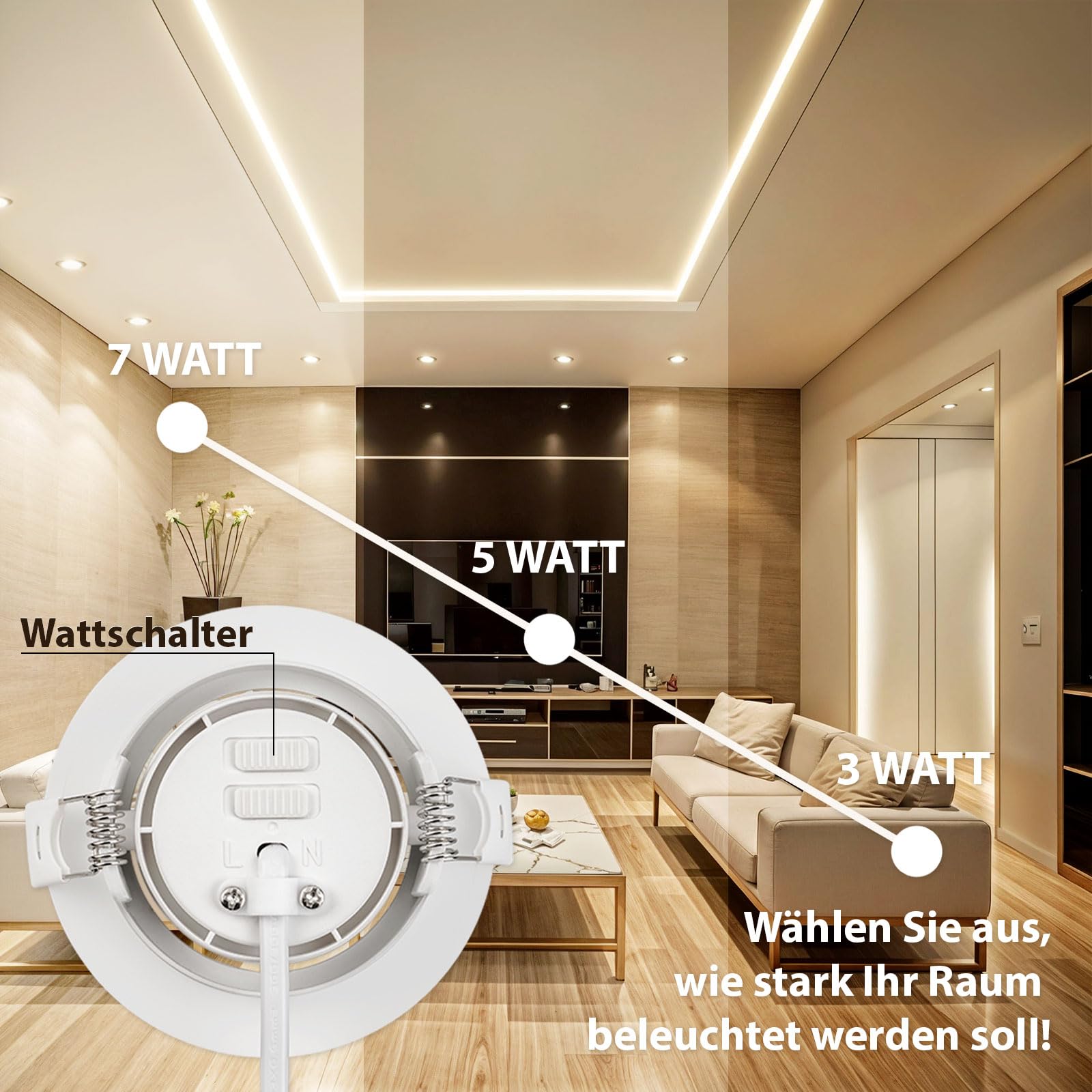 Maxkomfort 6er Set LED Einbaustrahler 230V Ultraflach & schwenkbar - 3 Lichtfarben (3000K/4000K/6000K) & 3W-5W-7W einstellbar, IP20 Deckenspots Edelstahl-Optik gebürstet - LEA-Prime