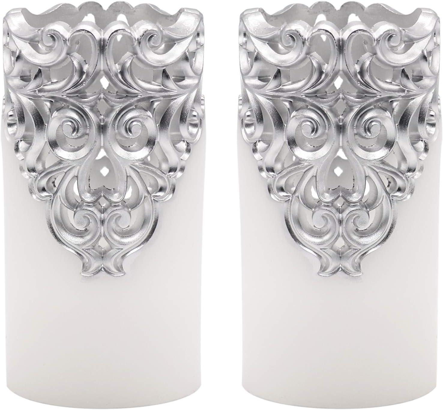 DRomance Hollow Silver Flameless Flickering Candles with 5H Timer, Battery Operated LED Pillar Candles Unscented Wax Warm Light Christmas Home Decoration(Set of 2, 3 x 6 Inches)