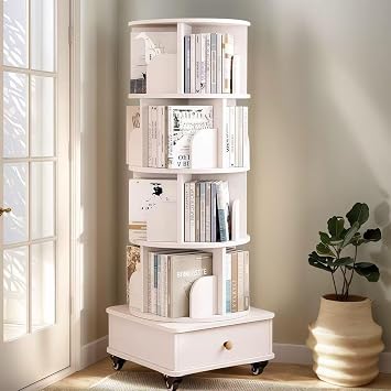 extrasleep 5 Tier Rotating Bookshelf with Wheels, 360 Display Corner Shelf for Small Space, Wood Narrow Organizer Bookcase Storage Rack for Bedroom Living Room Study Room White
