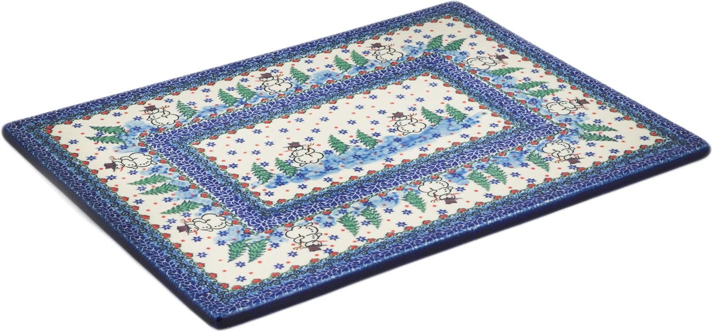 Polmedia Polish Pottery Cookie Sheet UNIKAT - Dancing Snowman Pattern Handmade in Boleslawiec Poland by Ceramika Artystyczna + Certificate of Authenticity