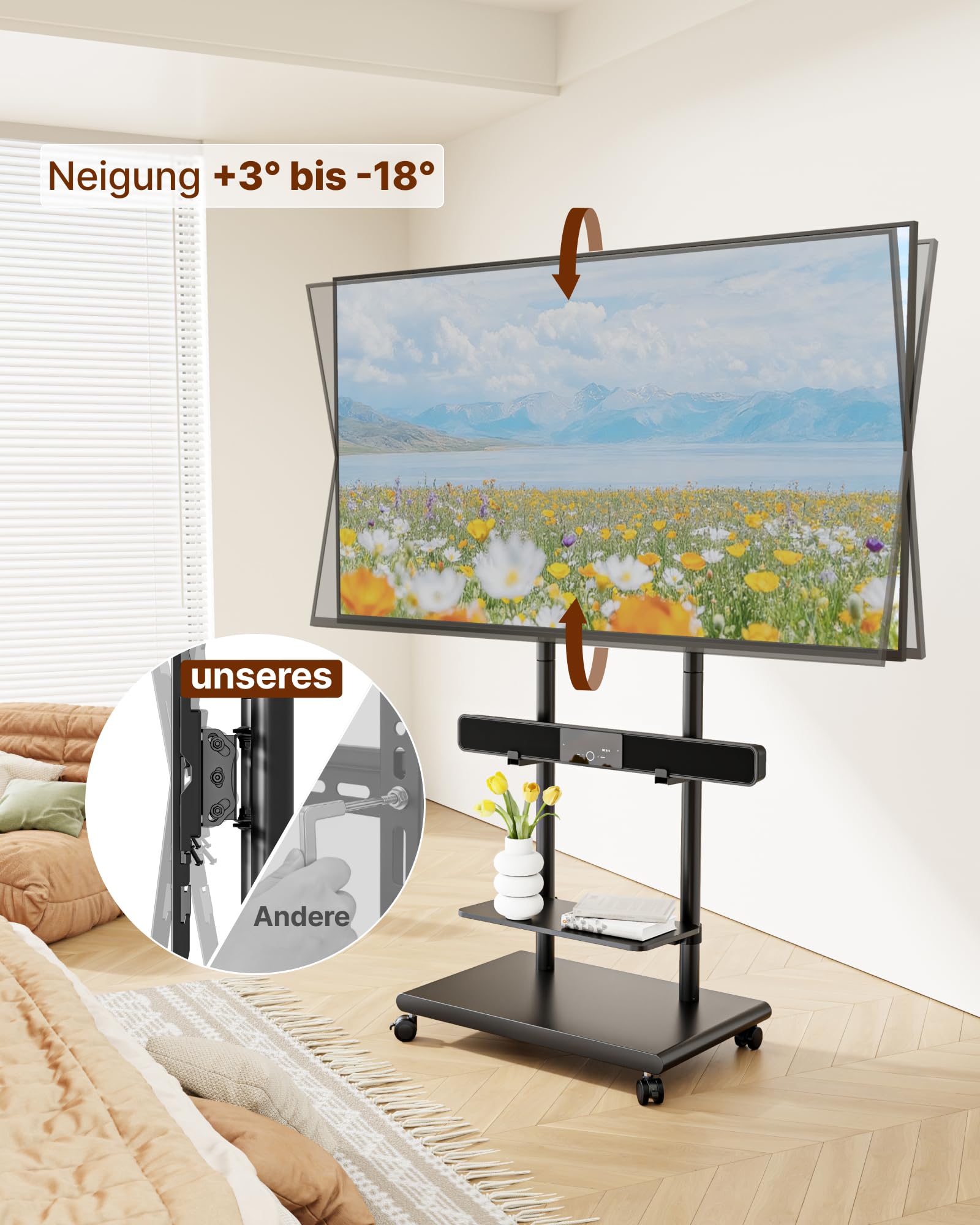 TV Ständer Rollbar mit Soundbar Halterung für 37-75 Zoll bis 70kg | Max VESA 600x400mm, Höhenverstellbar, Schwenkbar Neigbar, Stahl Fernseh Ständer mit Rollen, Stabile Doppelsäule & Ablage