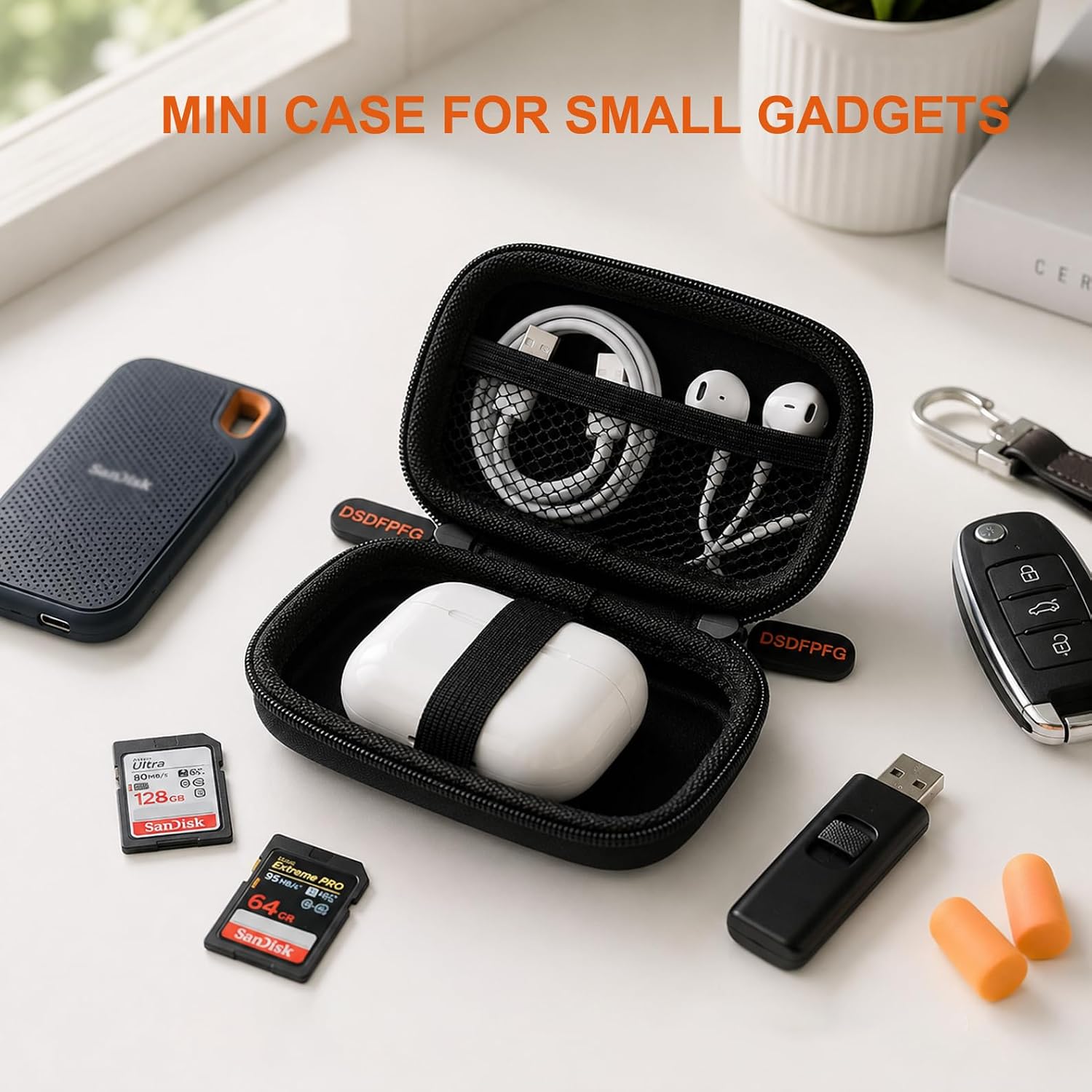 Mini Black Earbud Case - Small Hard Shell Carrying Case - Pocket-Size Rectangle Zipper Pouch for Wired Earbuds, Apple Airpods, Earpods, IEM, Earplugs, Hearing Aids, in-Ear Monitor, USB Flash Drive