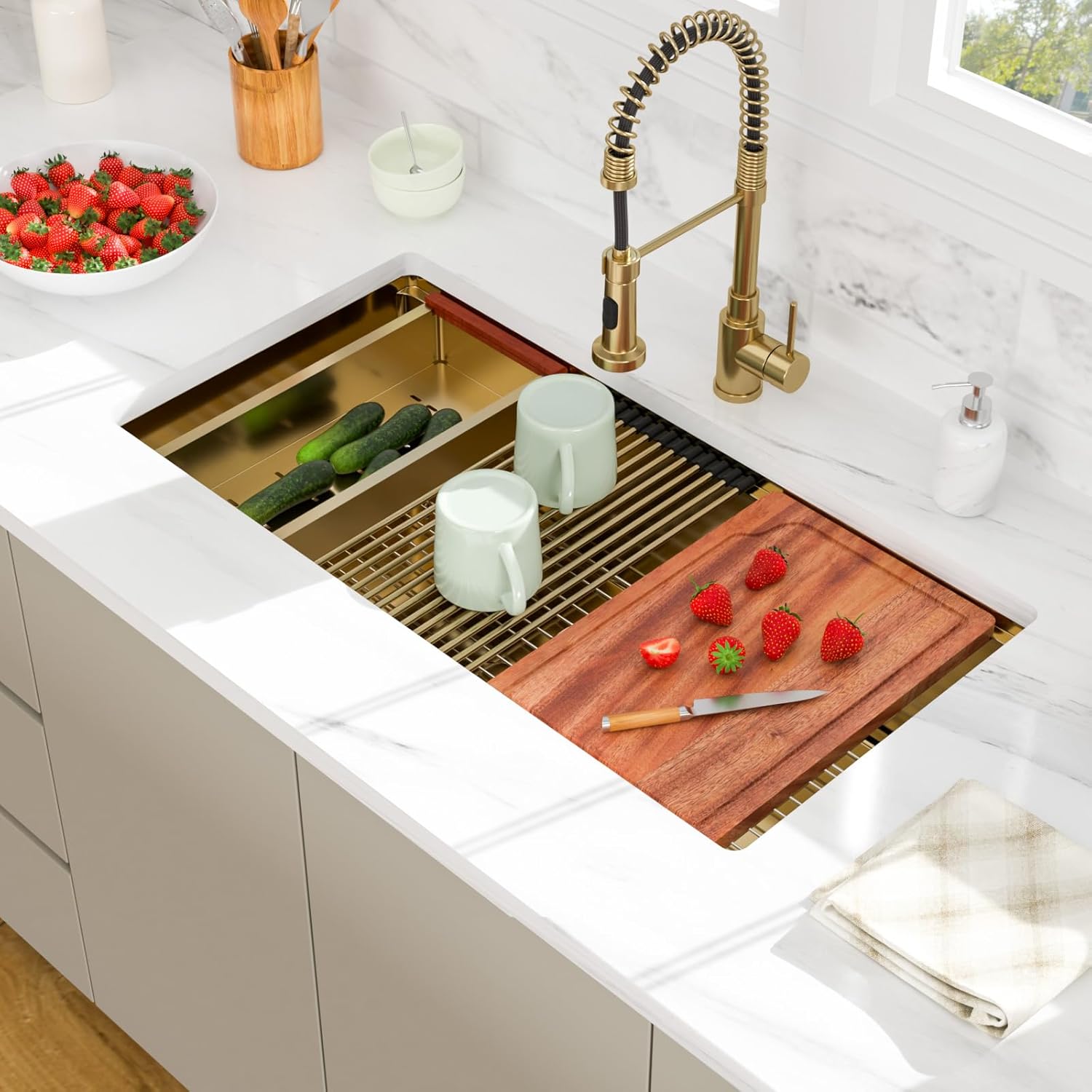36x19 Undermount Gold Kitchen Sink - Beslend Stainless Steel Ledge Workstation Kitchen Sinks Gold Sink 16 Gauge Single Bowl Underount Basin