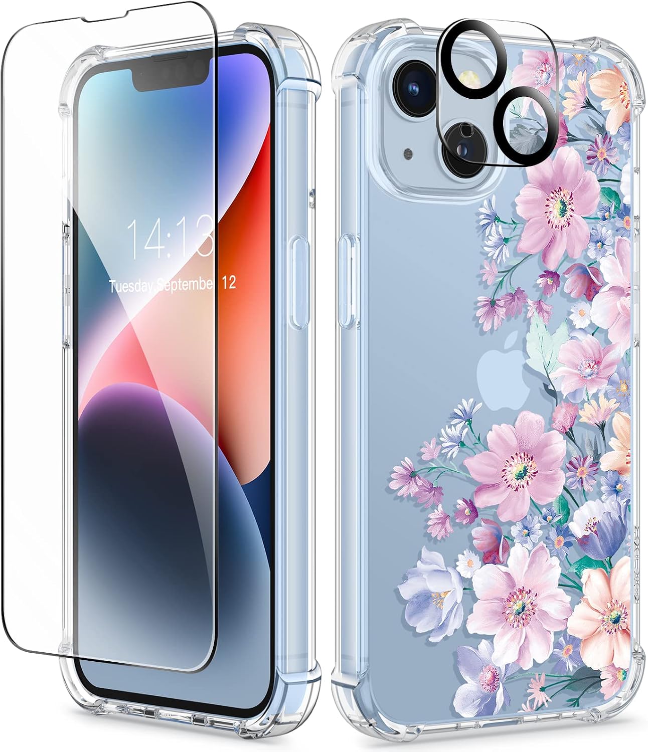 GVIEWIN for iPhone 14 Case Floral, Screen Protector & Camera Lens Protector