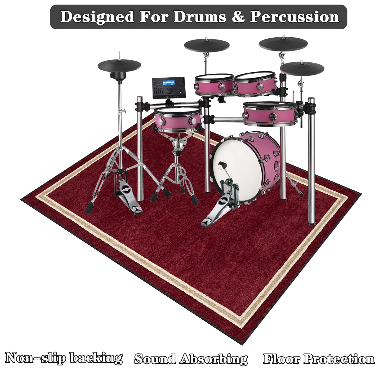 Schallschutz Teppichmatte, Drum Teppich Schlagzeug Teppich, 140 x 100 cm Rot Professioneller Schlagzeugteppich, rutschfeste Trommel Teppich, Schallschutzdecke für E-Drum-Kits Bass Drum Snare