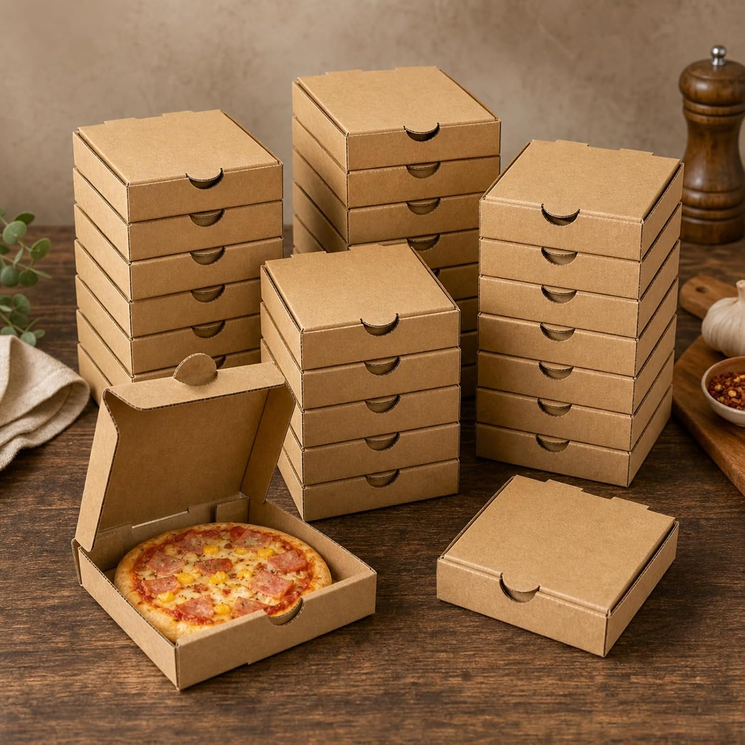 RHBLME 50 PACK Pizza Boxes, Mini Pizza Boxes Small Pizza Boxes Lock Corner Clay Coated Thin Pizza Box, Reusable Pizza Box for Mini Pizza Cookies Cake Party Favors Weddings (3.5 Inches)