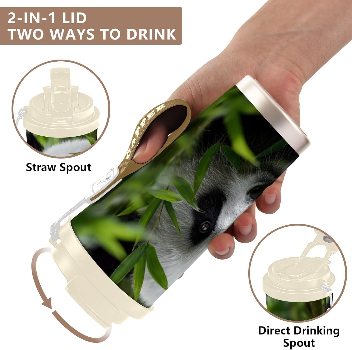 Panda Wild Insulated Coffee Mug with Straw & Flip Lid, 16.9oz Iced Tumbler Cup, Double Wall Vacuum Mug for Travel Office