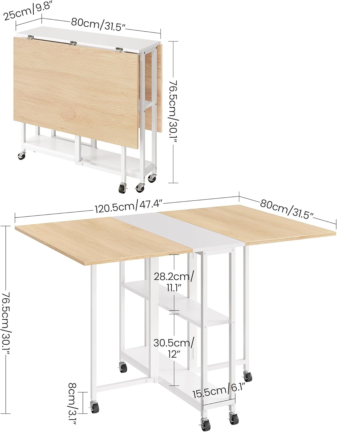 CHOEZON Folding Dining Table, Movable Dining Table, Kitchen Table for Small Space, Foldable and Expandable Desk Furniture with 6 Wheels, for Dining, Living Room, Apartment, White and Natural TCZ01WN