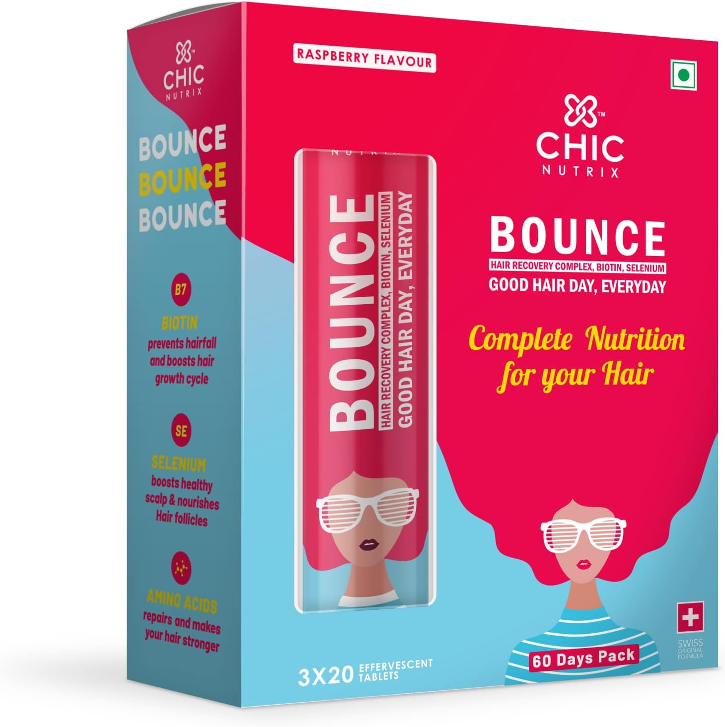 CHICNUTRIX Bounce - Biotin With Selenium And Amino Acids - Hair Fall & Hair Growth Management  Thick Hair - Frizz-Free Hair- Hair Fall Control Supplement - 60 Raspberry Flavoured Effervescent Tablet