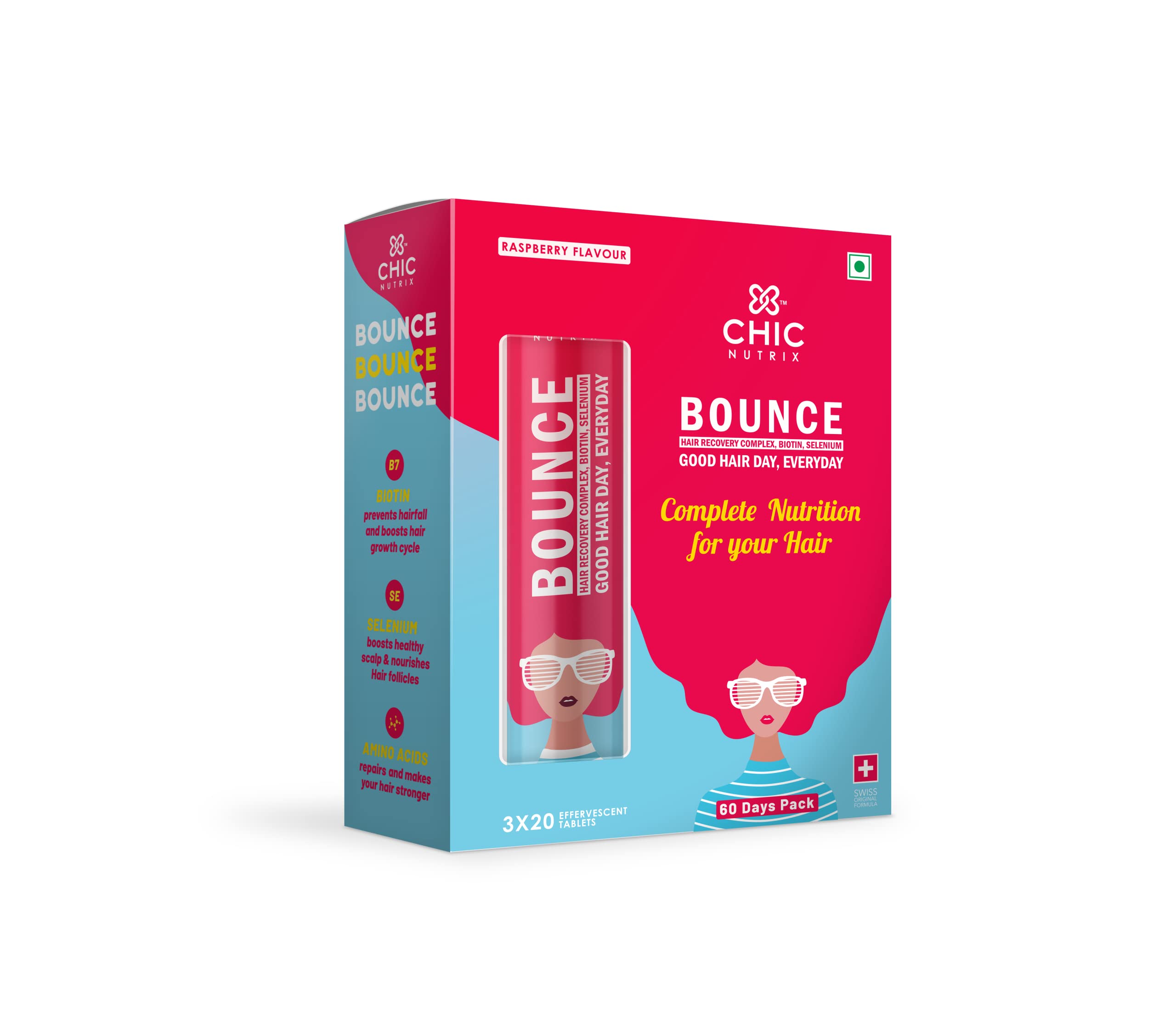 CHICNUTRIX Bounce - Biotin With Selenium And Amino Acids - Hair Fall & Hair Growth Management  Thick Hair - Frizz-Free Hair- Hair Fall Control Supplement - 60 Raspberry Flavoured Effervescent Tablet