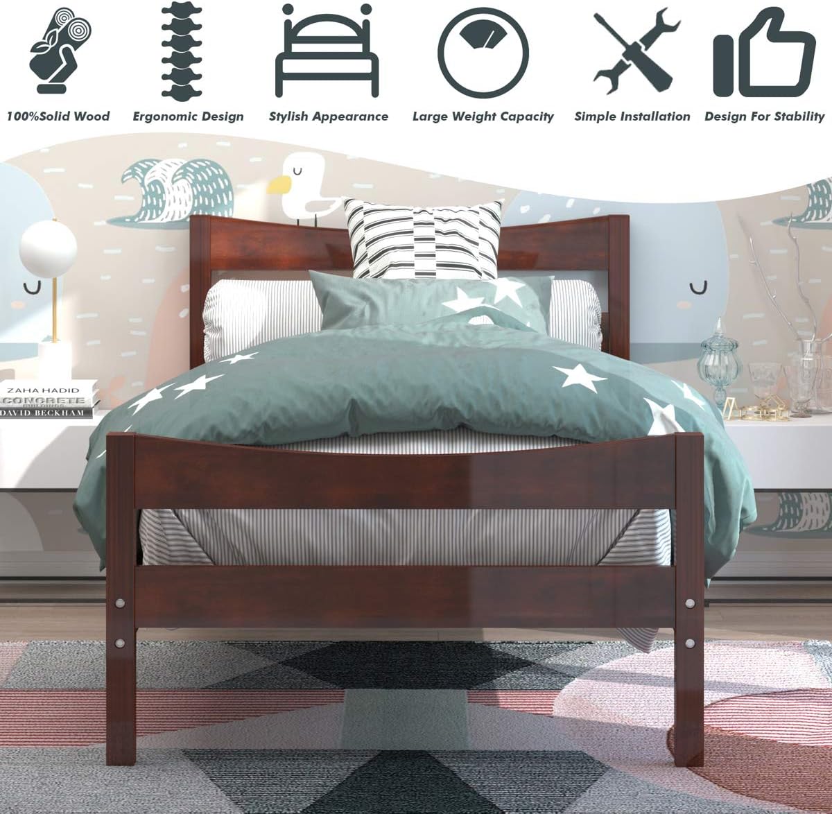 KOTEK Wood Bed Frame Twin Size, Platform Bed with Headboard & Footboard, Wooden Slats Support, No Box Spring Needed, Panel Bed Mattress Foundation for Kids, Teens (Walnut)