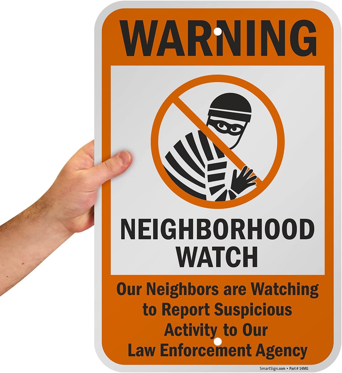 SmartSign 18 x 12 inch “Warning - Neighborhood Watch, Report Suspicious Activity” Metal Sign, 63 mil Laminated Rustproof Aluminum, Orange, Black and White