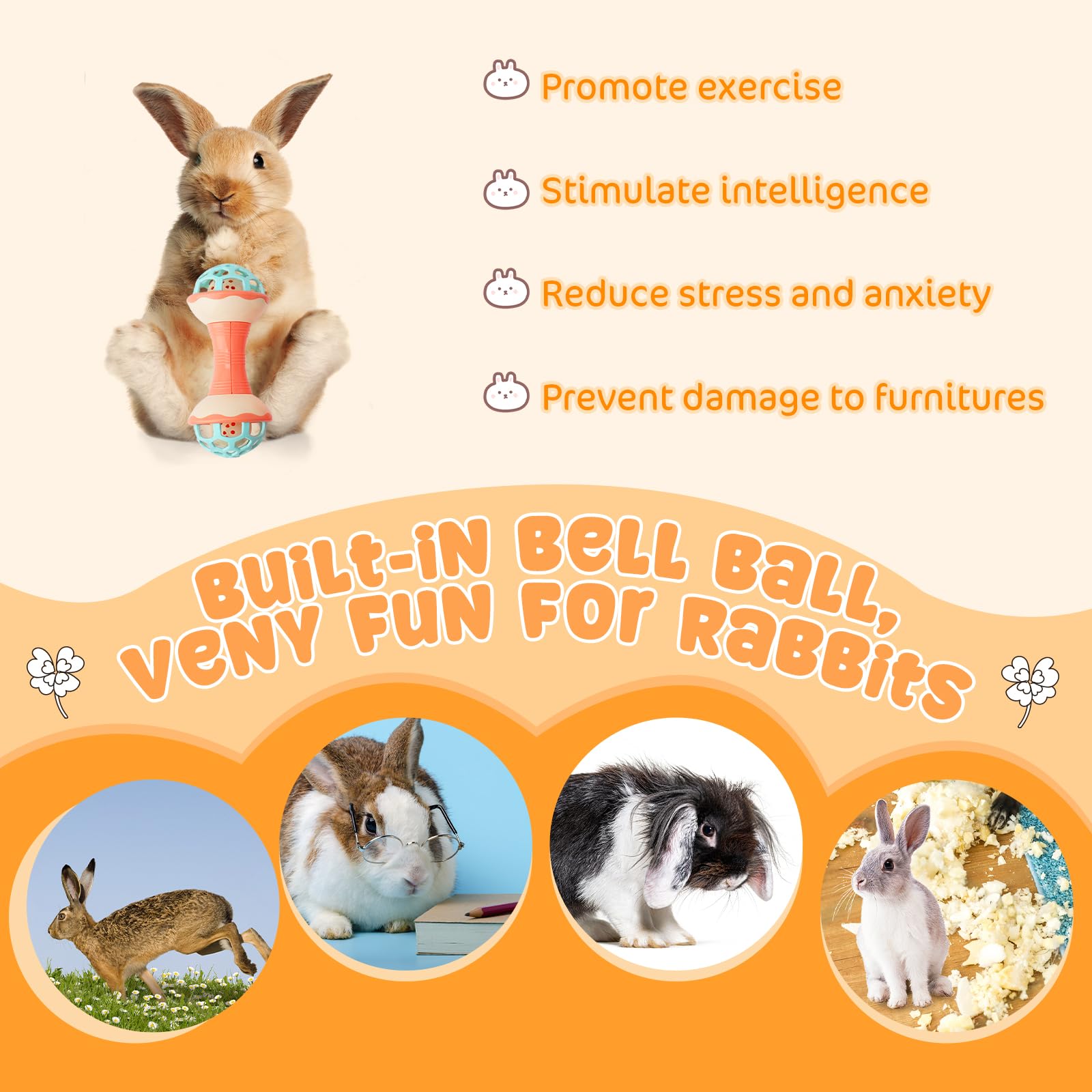 FIDWALL 4 Pcs Bell Ball Rabbit Toys Set including Carrot Chew Toy,Premium Rabbit - Image 4