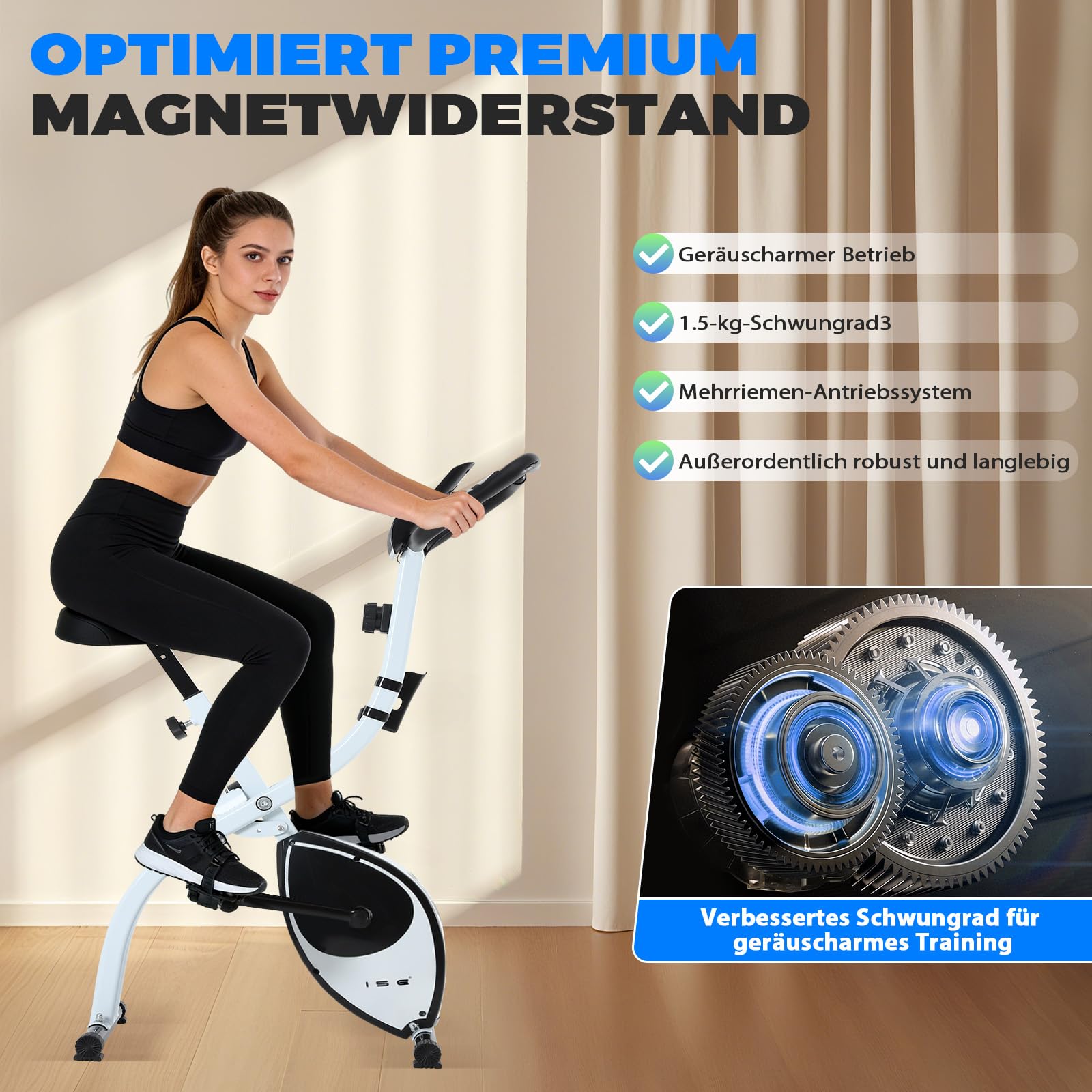 ISE Heimtrainer Fahrrad Klappbar I Hometrainer Fahrrad Klappbar Extra Leise mit Bequemem Sitzkissen I Ergometer heimtrainer, Fitnessbikes, Indoor Bike, Trimmrad Heimtraine