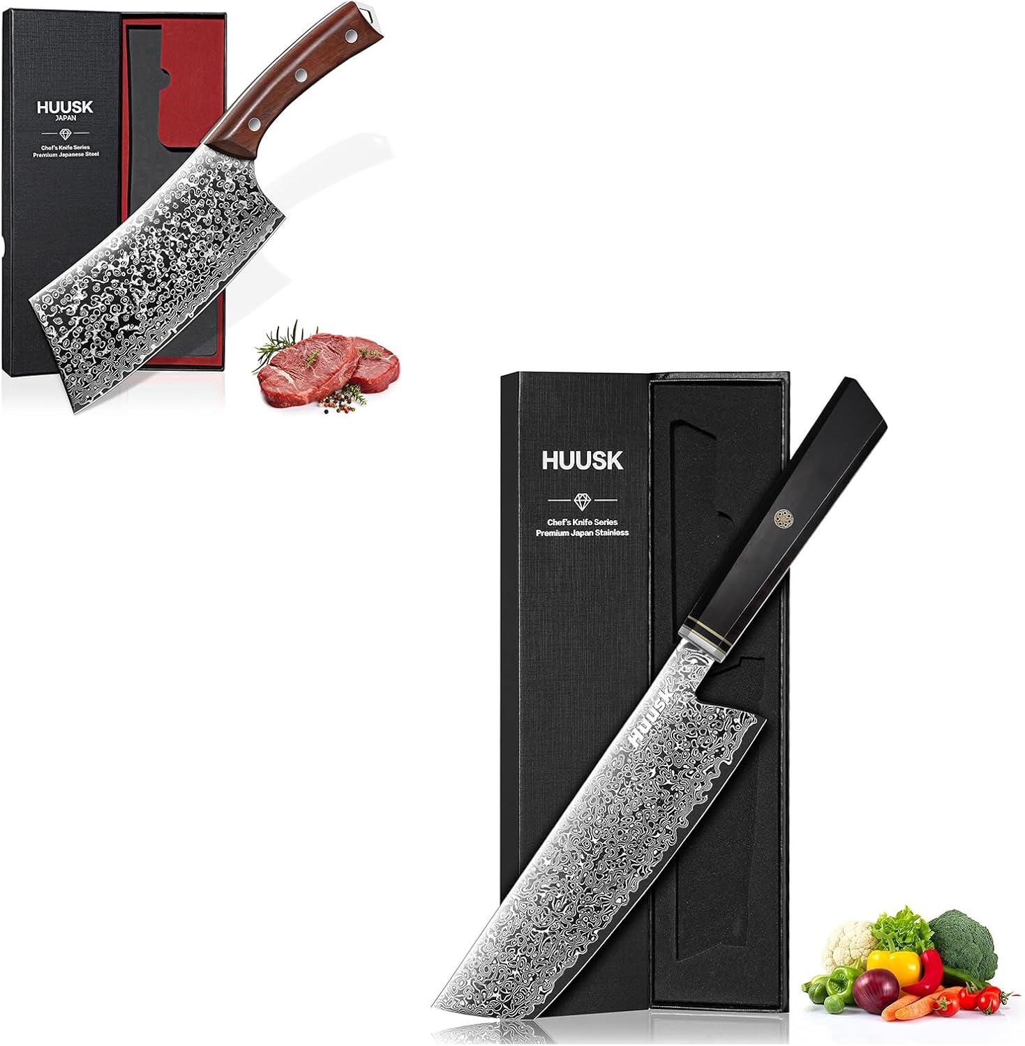 Huusk Damascus Nakir Knife Bundle with Meat Cleaver Knife