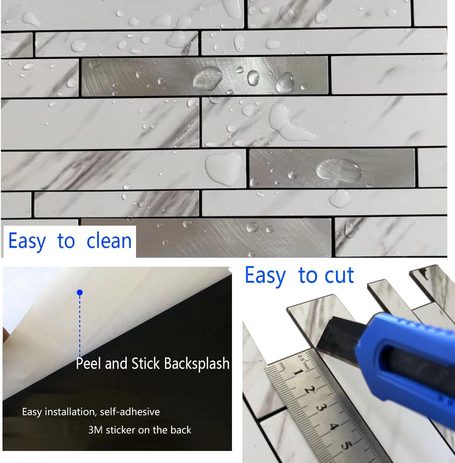 10-Sheet Peel and Stick Backsplash Tile, PVC Mixed Meta,l Stick on Kitchen, Bathroom Vanities, Fireplace Décor, Laundry Table(11.7" X 11.3") (White+Silver)