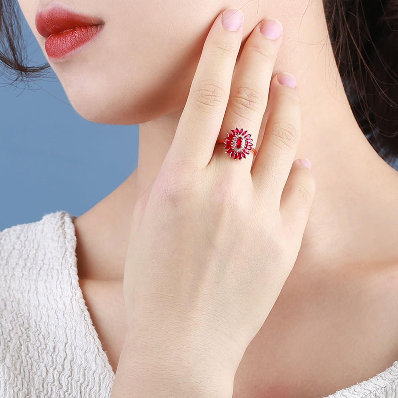 Anelli Fedi Nuziali di Oro Rosa 9K / 14K / 18K Donna, Fiore con Rubino Sintetico da 1,69ct e Moissanite, Donna Anello Fedina di Oro Rosa