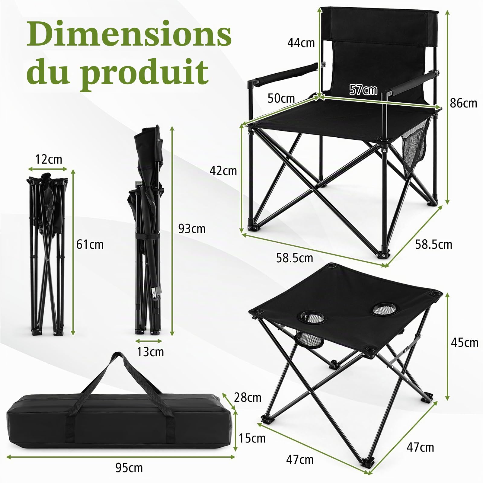 GIANTEX Chaise de camping pliante avec table, chaise de pêche, chaise de plage dans sac de transport, chaise de pêche pliable, table avec porte-gobelet, chaise de directeur, chaise de jardin pliable