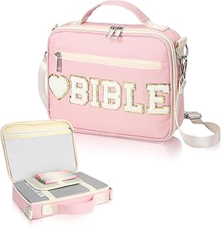 Silkfly Bible Cover Case for Women Preppy Large Chenille Letter Church Bag with Shoulder Strap and Handle Waterproof Christian Carrying Tote Bag for Bible Study Accessories Christian Gift(Pink)