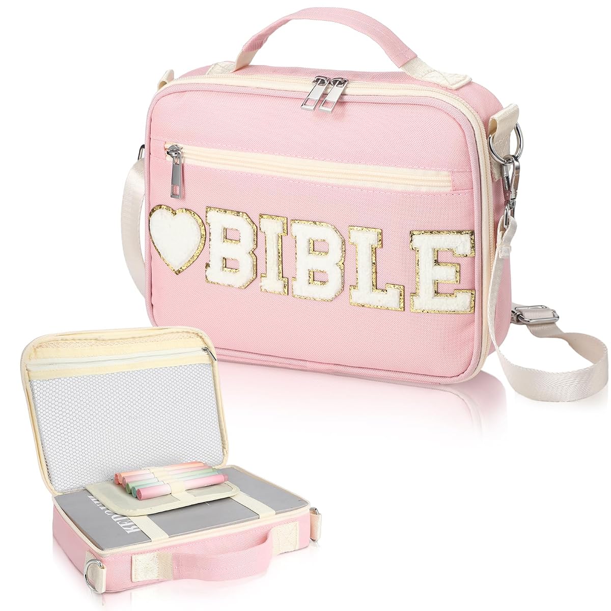 Silkfly Pink Bible Cover Case Preppy Large Chenille Letter Church Bag