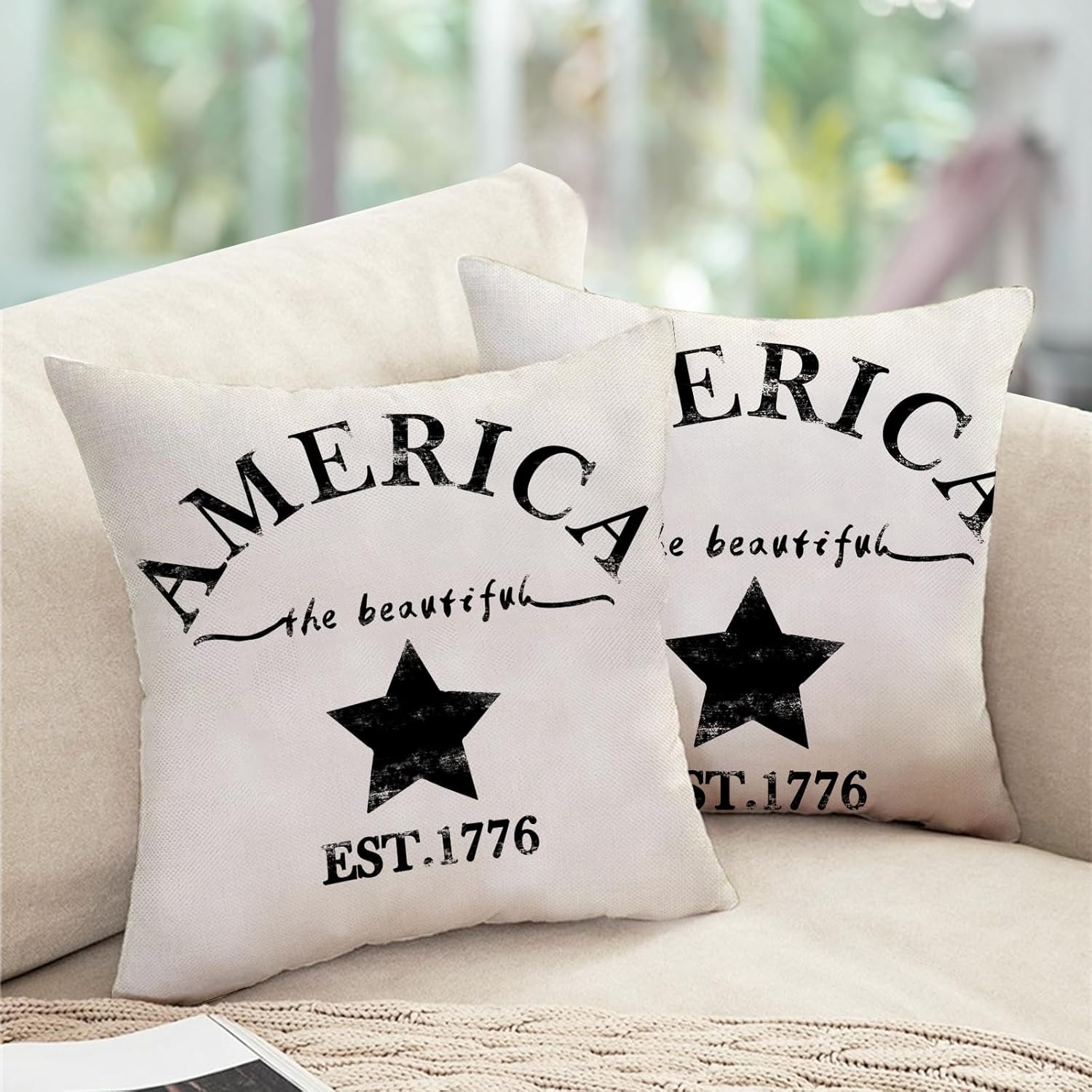 4th of July Star Decorative Throw Pillow Covers 18 x 18 Set of 2, Patriotic America The Beautiful Est. 1776 Porch Outdoor Home Decor, American USA Farmhouse Couch Cushion Case