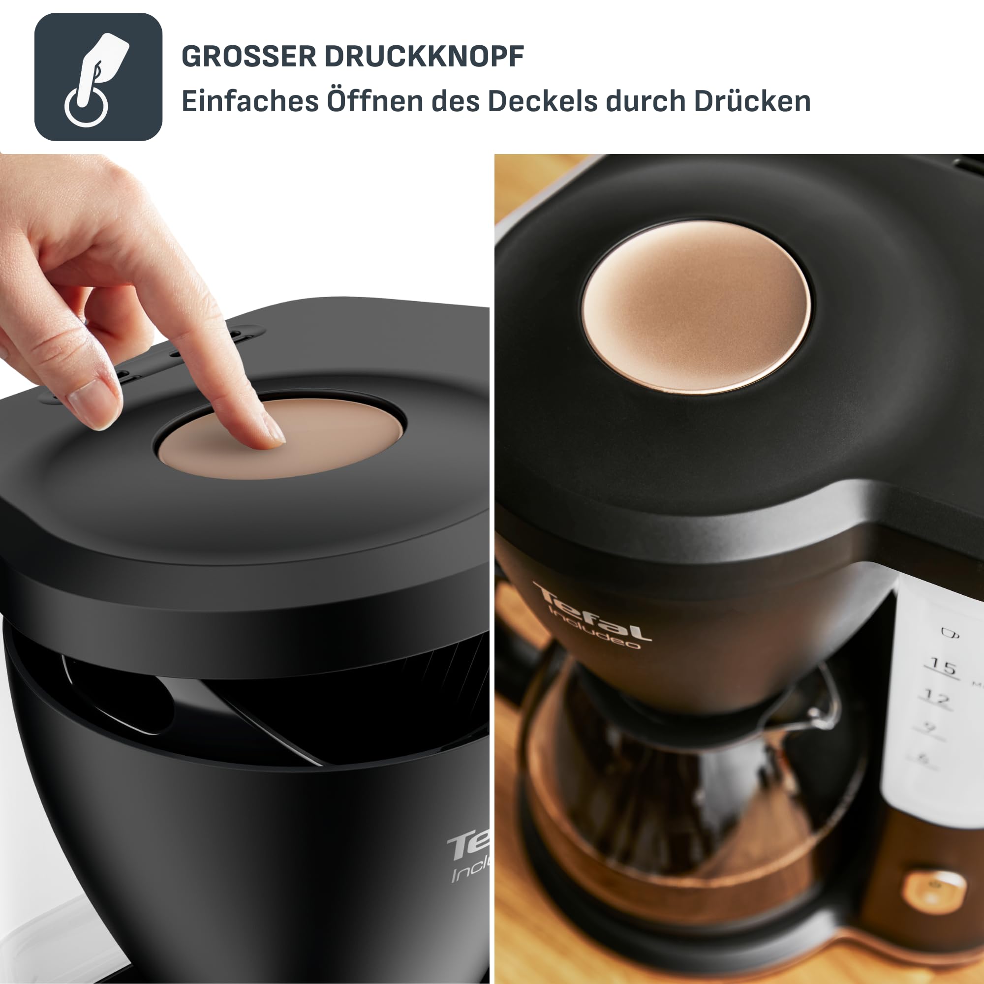 Tefal Includeo Filterkaffeemaschine, extrem einfach zu bedienende Kaffeemaschine, geeignet für Rechts- und Linkshänder, automatische Deckelöffnung, 1,25 l, 10 bis 15 Tassen, CM533811